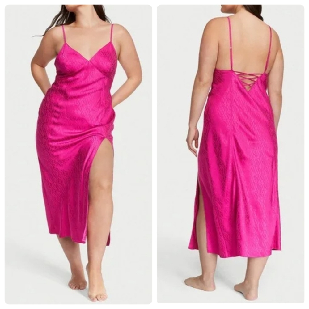 Victoria's Secret Icon Satin Midi Slip Dress in Fuchsia Frenzy Pink Size XS